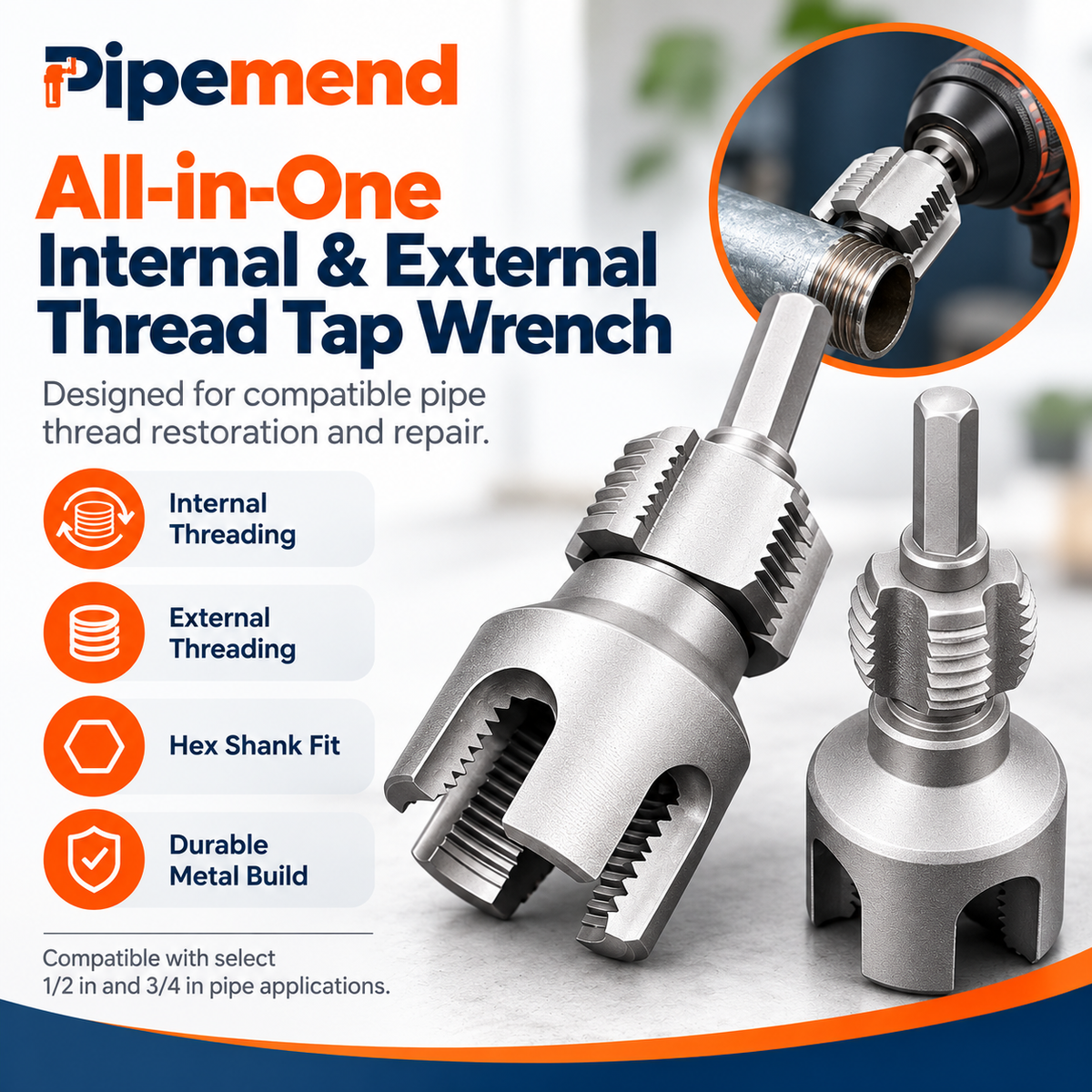 Pipemends™ 2-in-1 Internal & External Pipe Thread Repair Tool – Hex Shank Thread Restorer